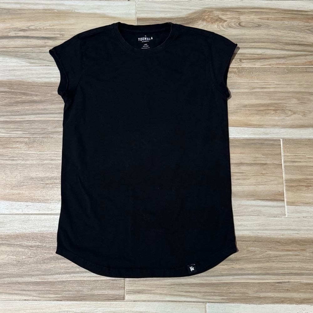 YoungLA 412 Perfect Tee Mens Large Black Cut Off Sleeve Curved Hem Gym Shirt